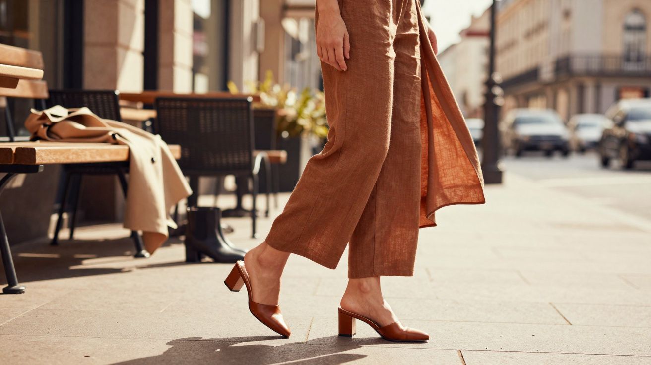 Pessoa caminhando com calça larga marrom e sapatos marrons de salto médio em rua ensolarada.