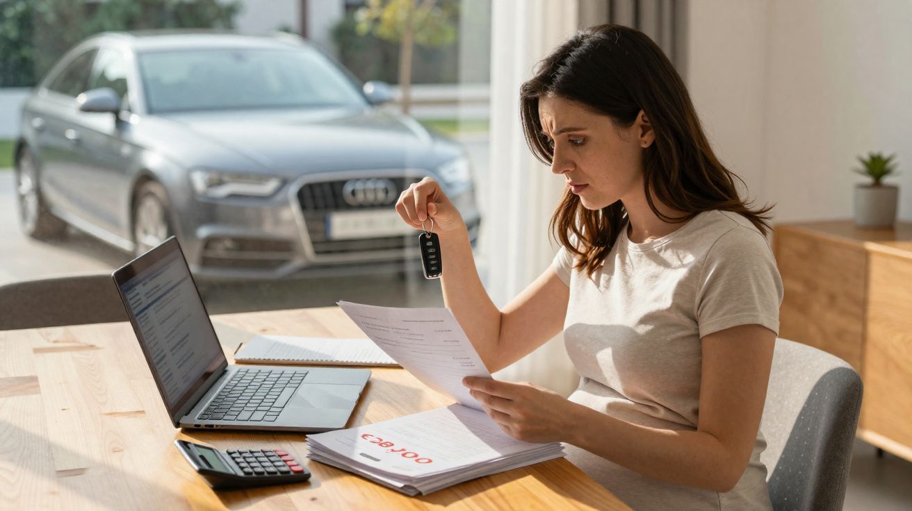 Mulher analisando documentos com chave de carro na mão, laptop aberto à sua frente, carro estacionado ao fundo.