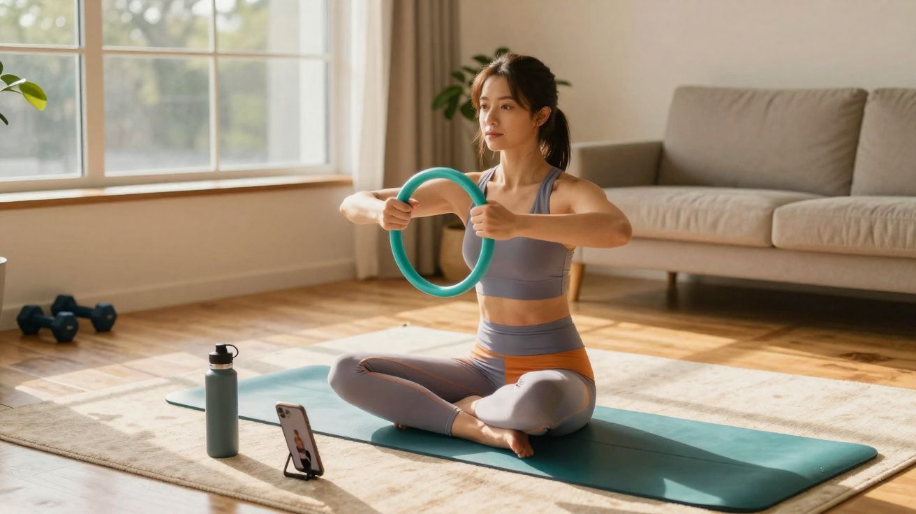 Mulher jovem fazendo exercício com anel de pilates em tapete com garrafa e celular à frente.