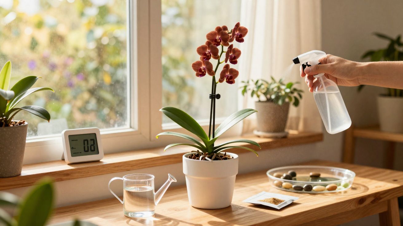 Pessoa pulverizando orquídea vermelha em vaso branco sobre mesa perto da janela iluminada natural.