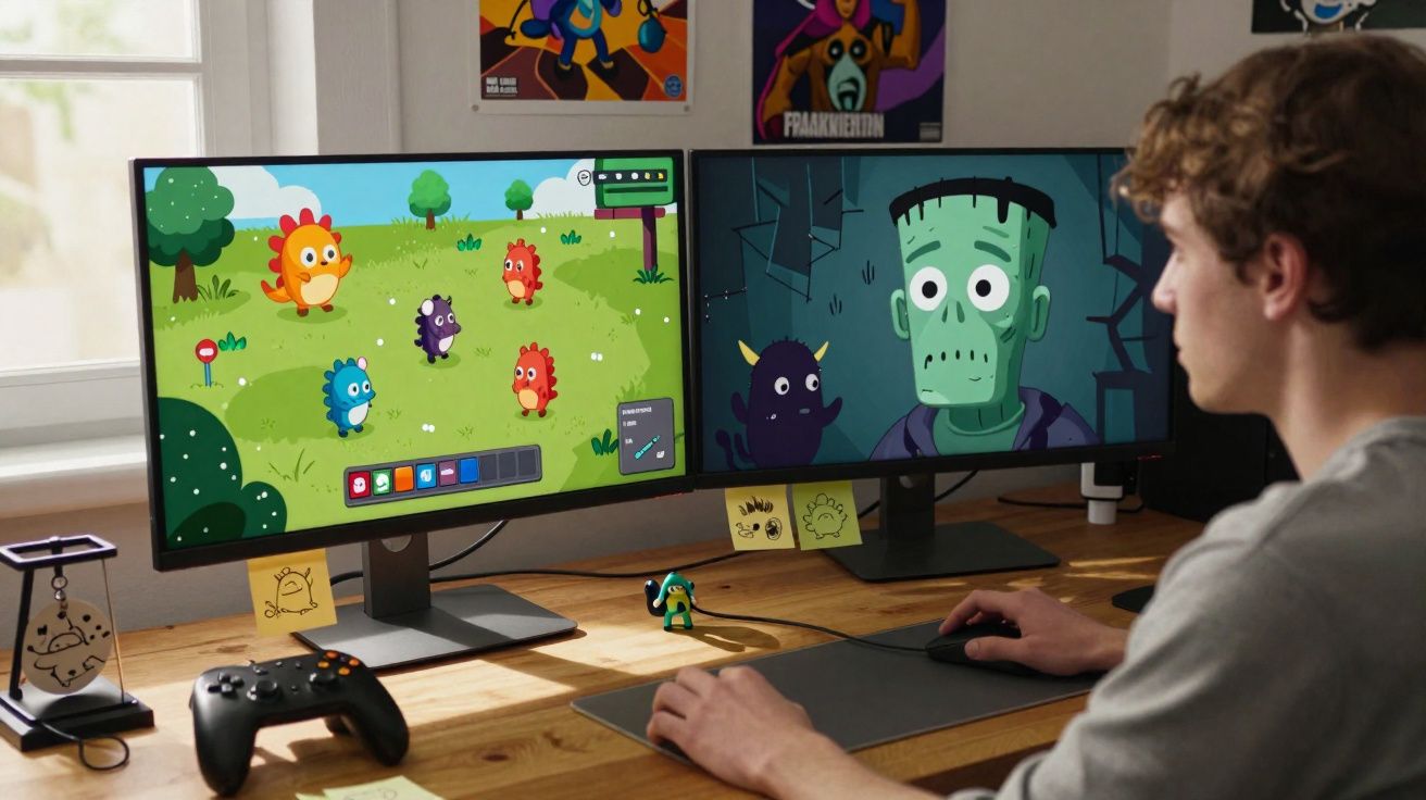 Homem joga videogame com dois monitores mostrando personagens animados coloridos em uma mesa de madeira.