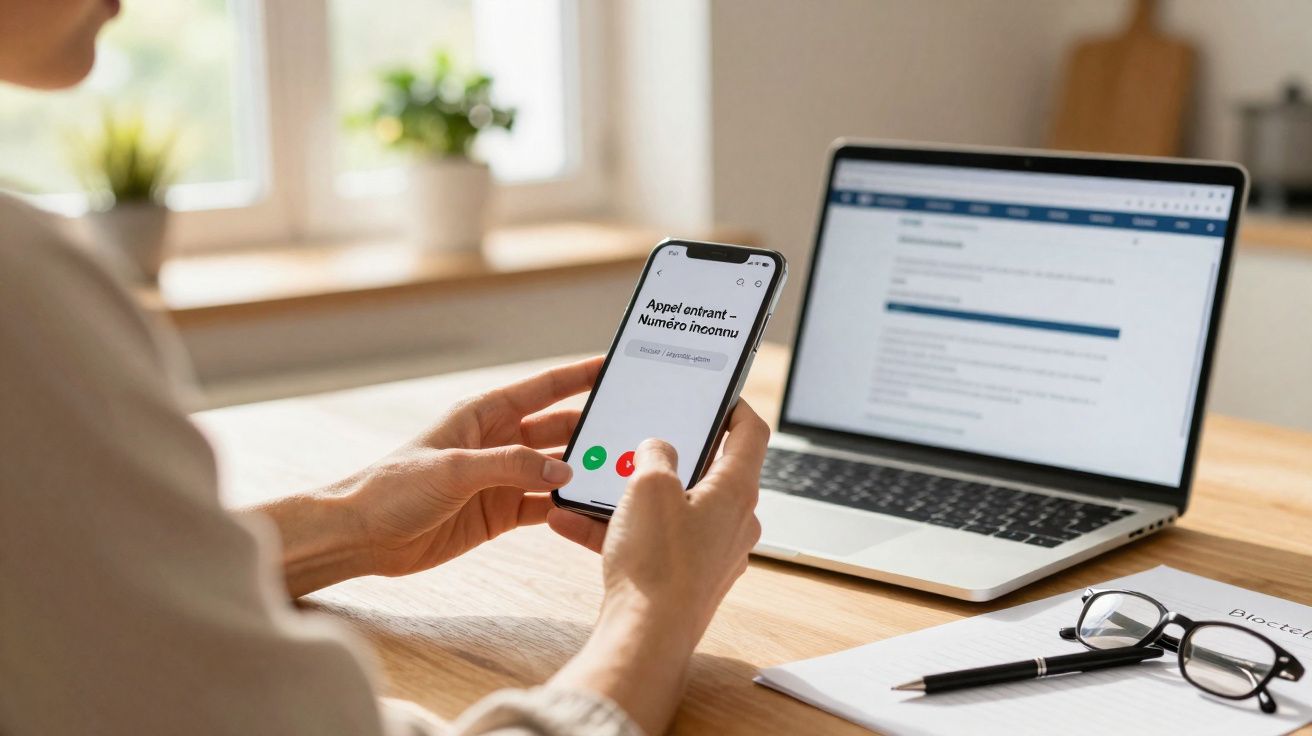 Pessoa segurando smartphone com chamada recebida, notebook, óculos e caneta sobre mesa de madeira.