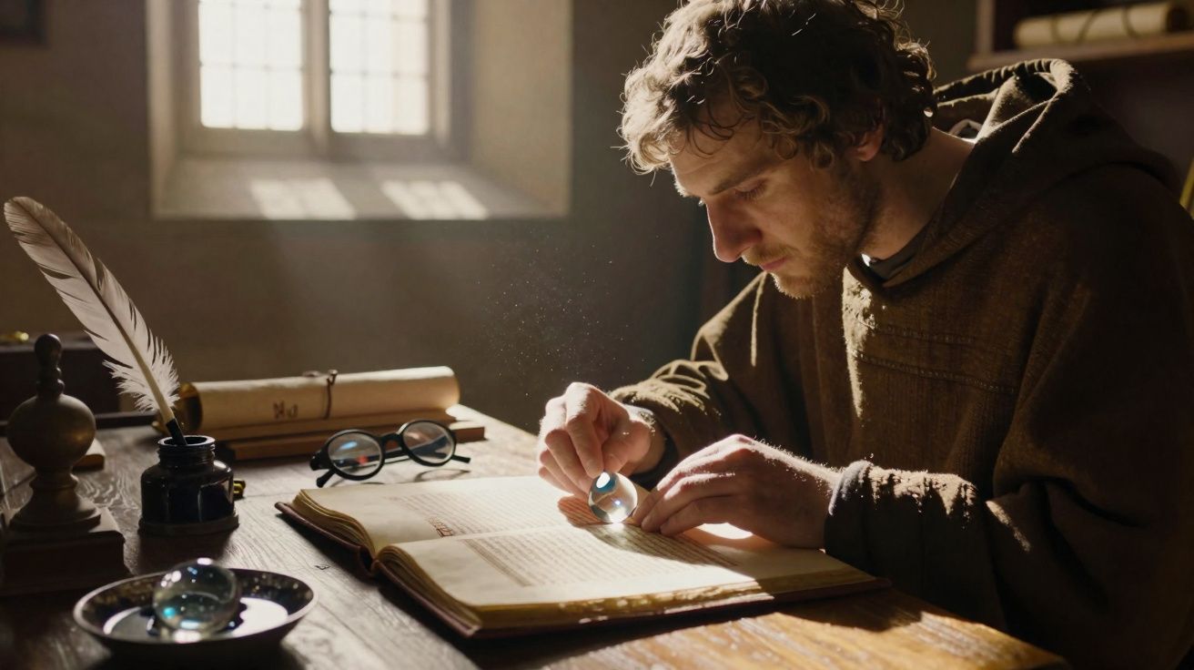 Homem com capuz analisa livro antigo iluminado por luz natural em sala silenciosa e envelhecida.