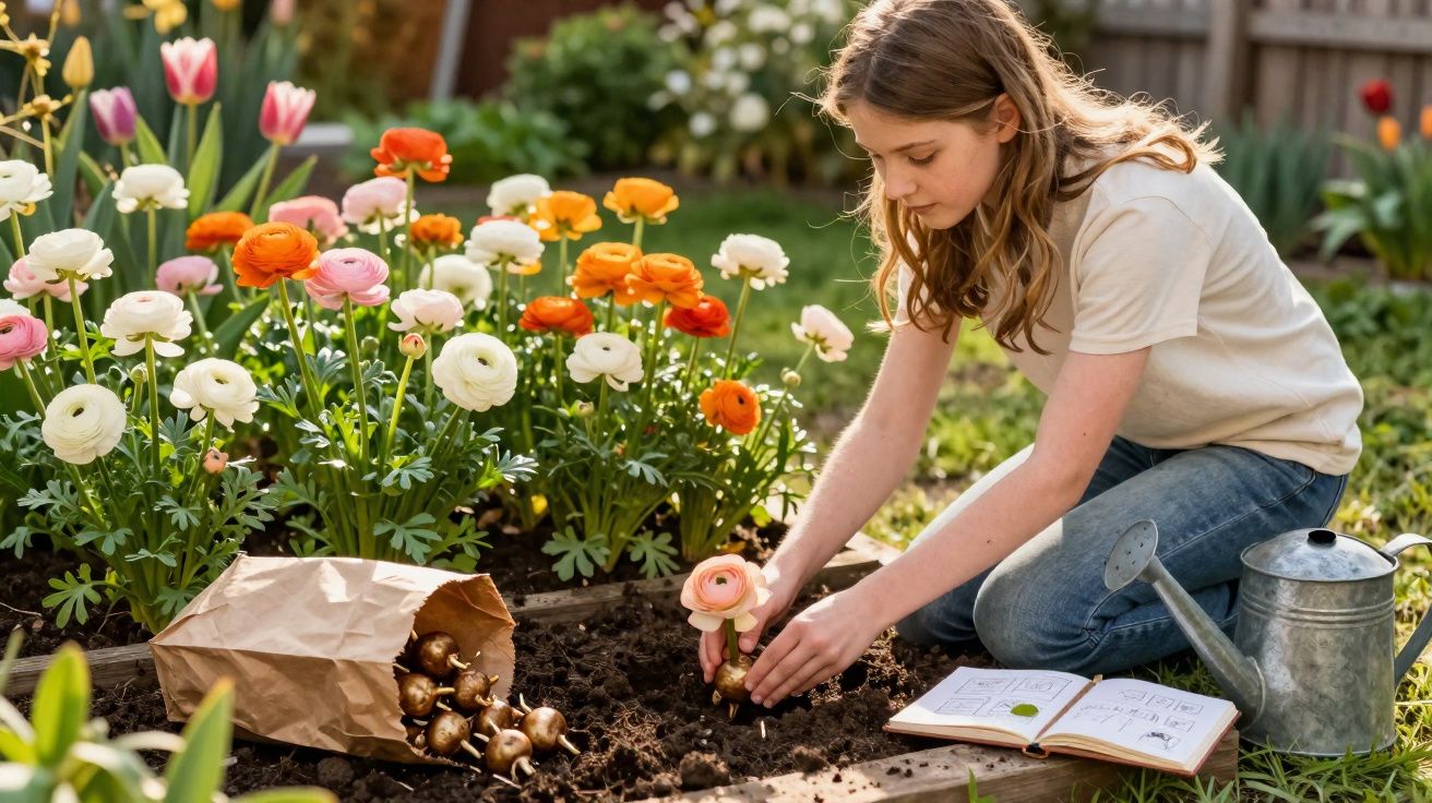 Garota plantando flores coloridas em jardim, com regador e caderno aberto ao lado.