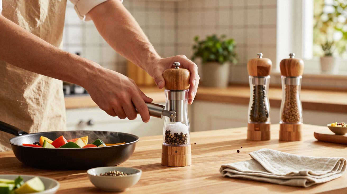 Pessoa moendo pimenta fresca em moedor de madeira na cozinha com legumes na frigideira.