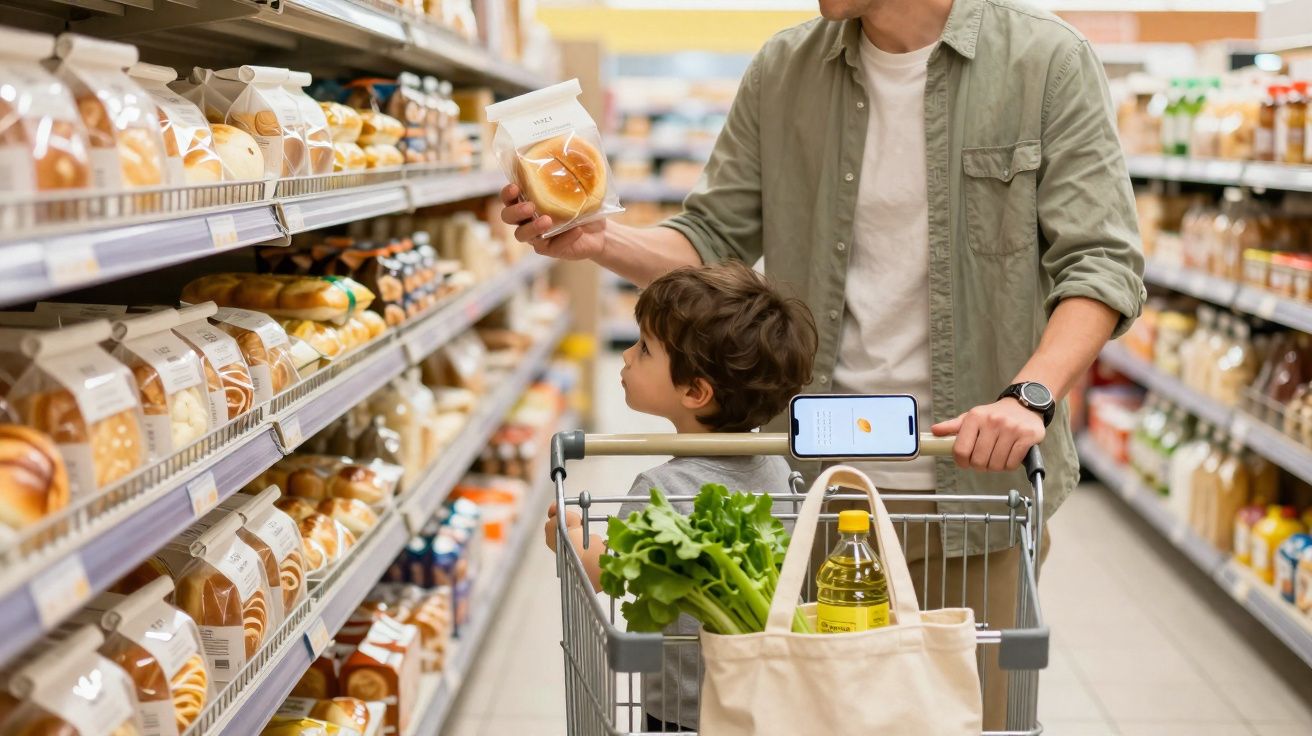 Homem segurando pão e menino sentando no carrinho em corredor de supermercado.