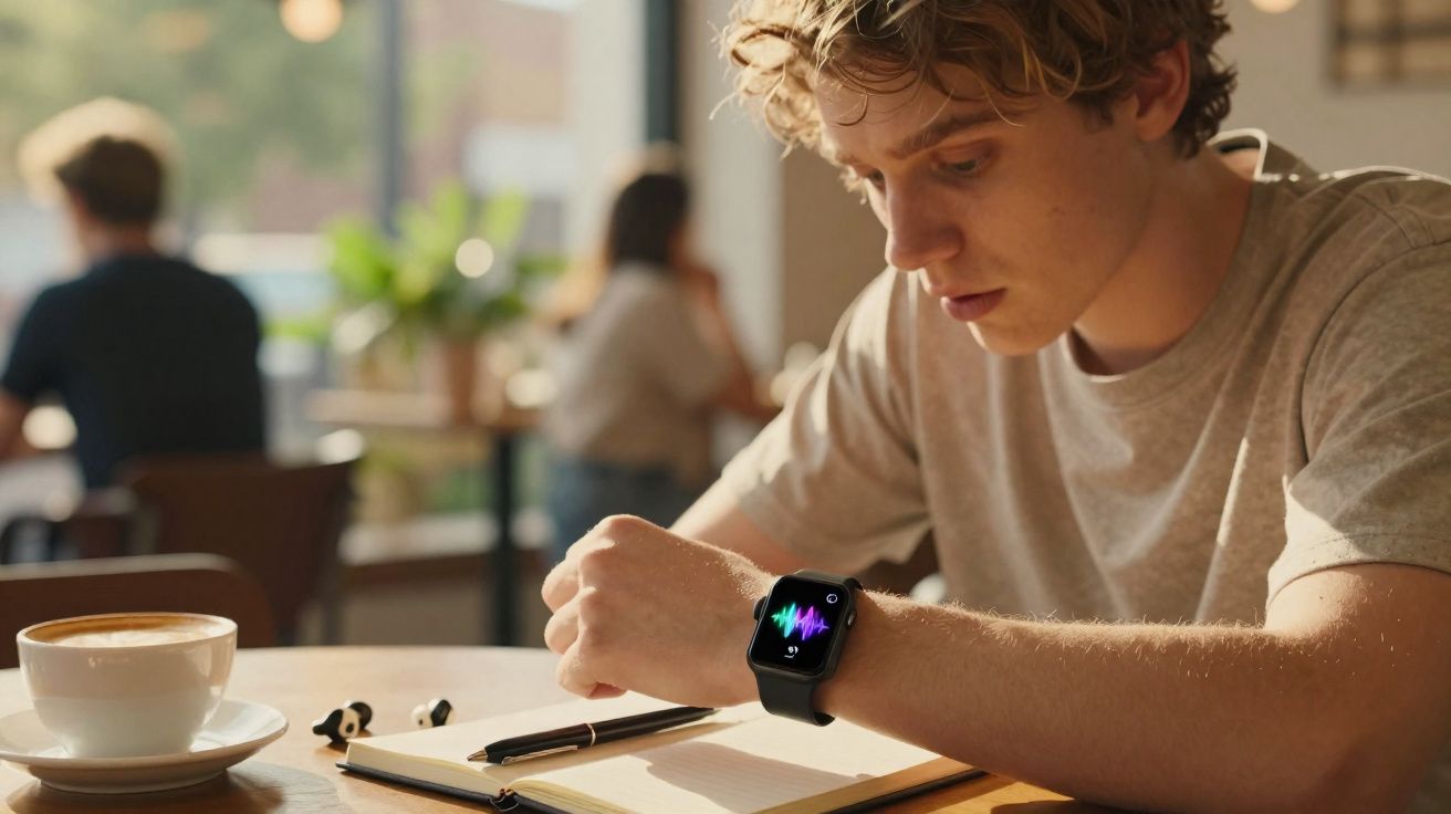 Jovem usando relógio inteligente enquanto estuda em cafeteria com café e fones sobre a mesa.