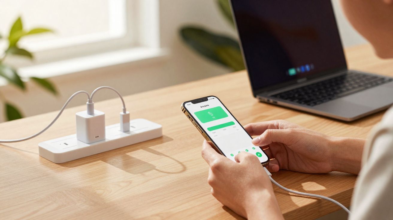 Pessoa usando smartphone conectado a carregador USB em régua de tomada, com notebook ao fundo sobre mesa de madeira.