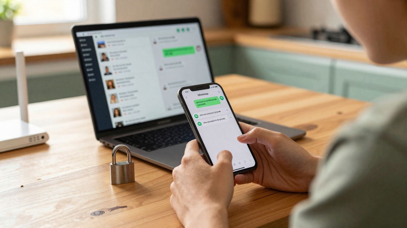 Pessoa segurando celular com conversa de mensagem aberta, notebook e cadeado sobre mesa de madeira.