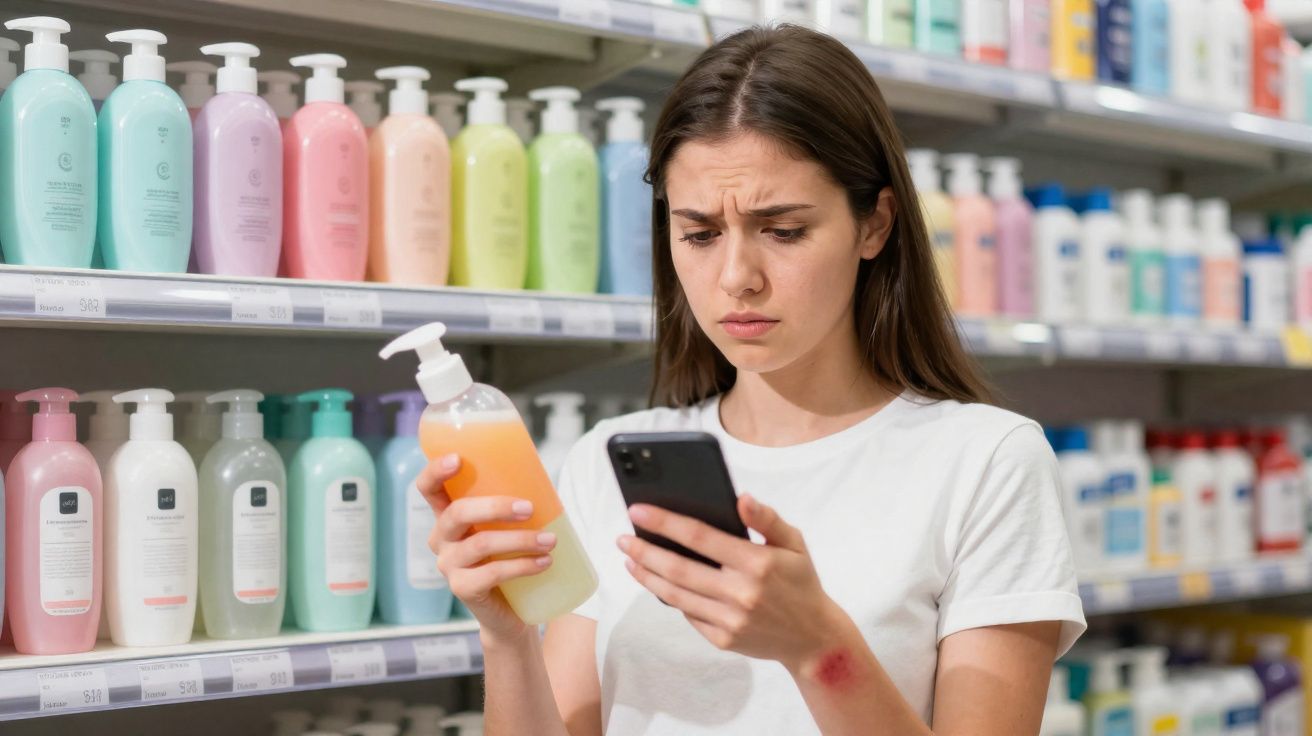 Mulher olhando com dúvida para produto de beleza enquanto consulta o celular na prateleira de loja.
