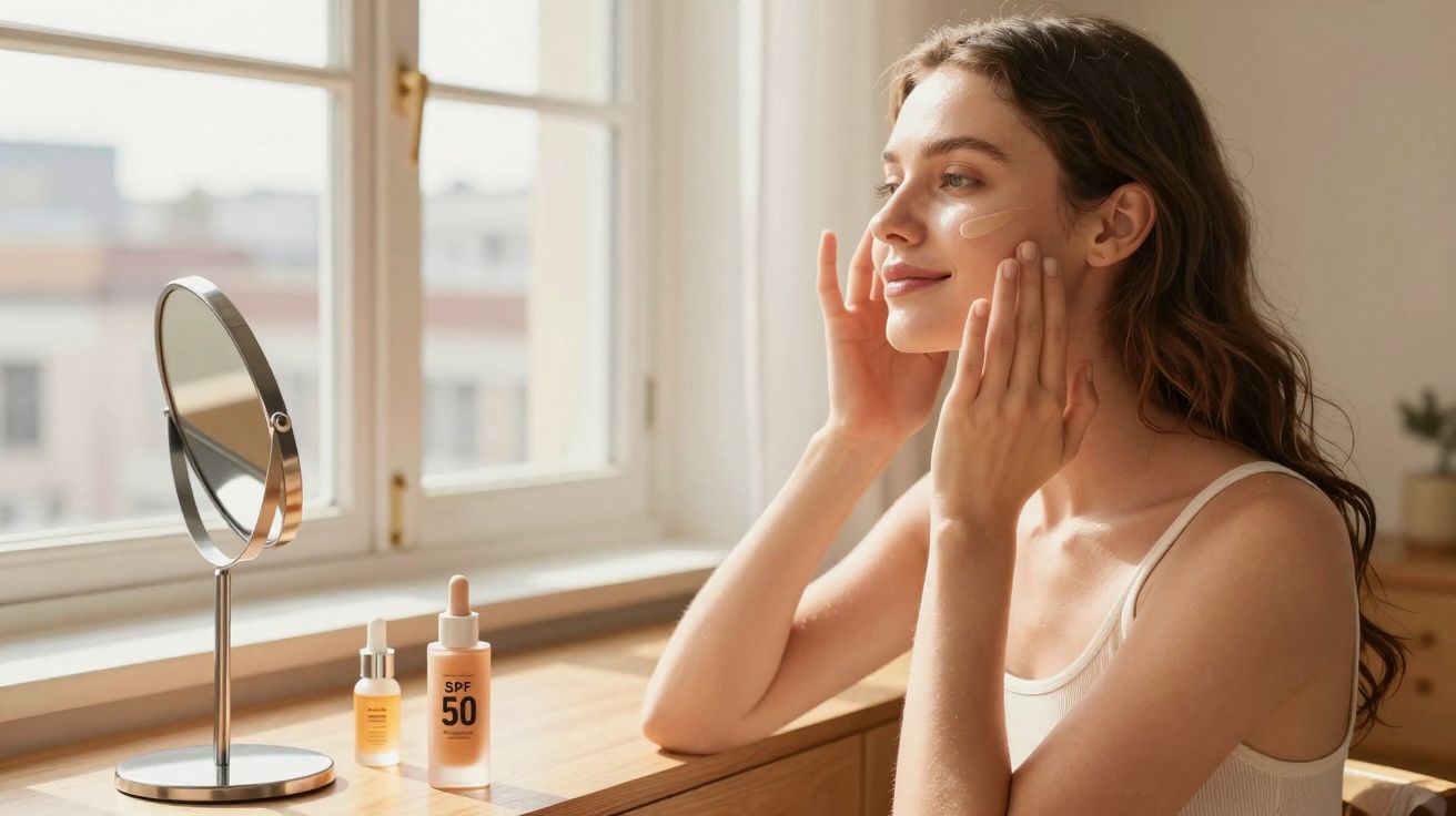 Mulher aplicando protetor solar no rosto em ambiente iluminado com espelho e frascos na mesa.