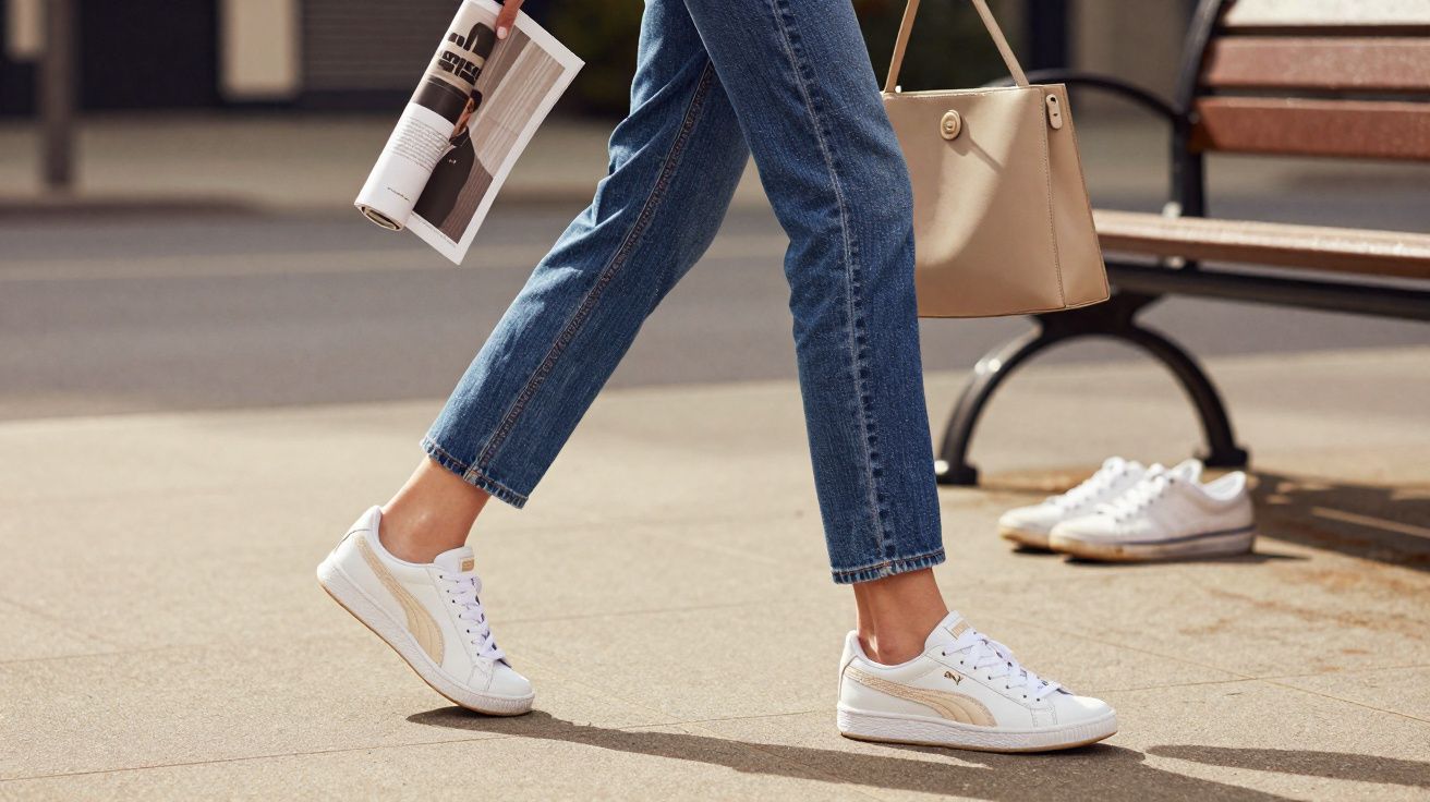 Pessoa caminhando com tênis branco Puma, calça jeans azul, bolsa bege e jornal na mão.