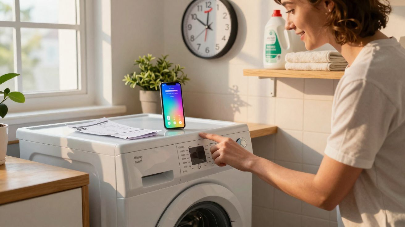 Mulher ajustando a máquina de lavar roupas em lavanderia clara com smartphone apoiado em cima.