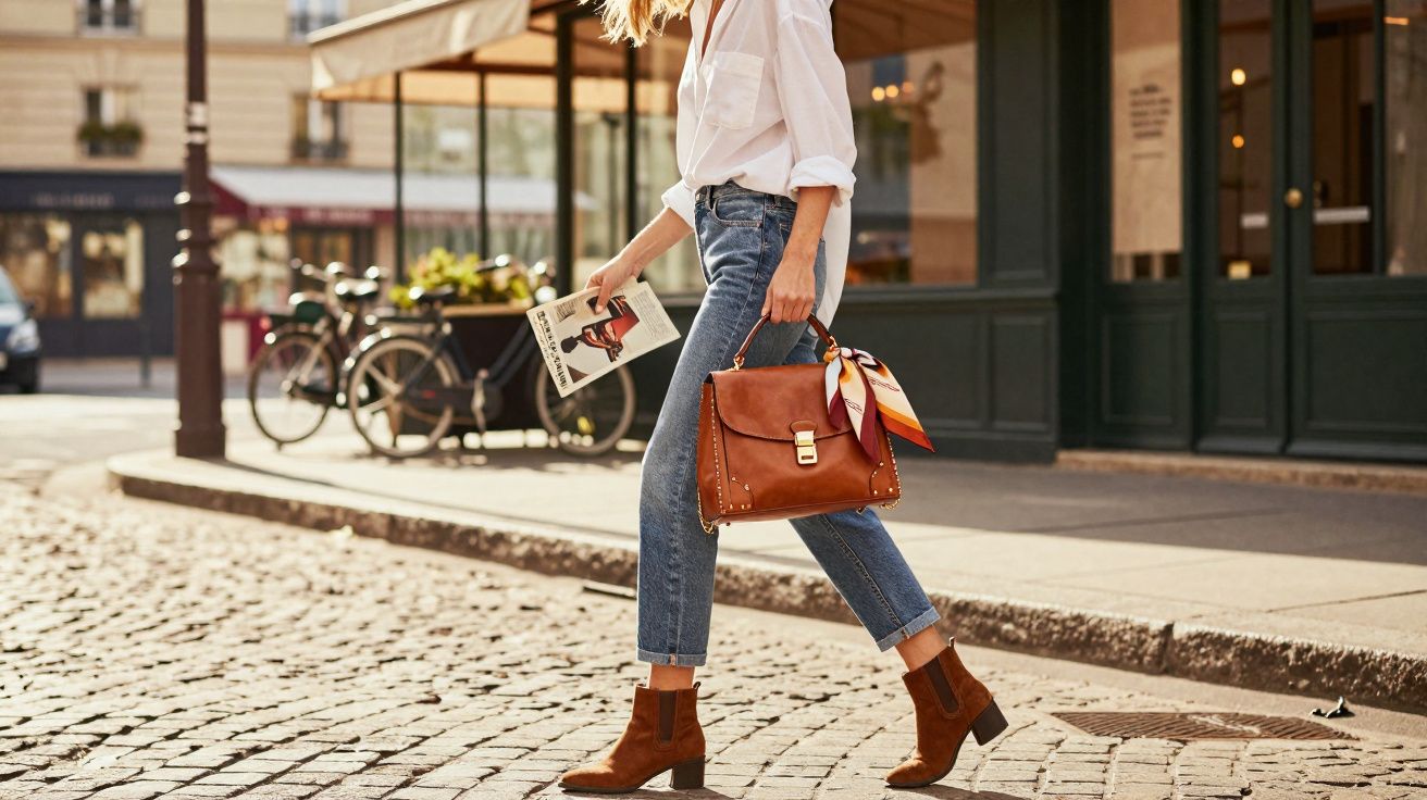 Mulher caminhando na rua de calça jeans, camisa branca, botas marrons e bolsa de couro com lenço colorido.
