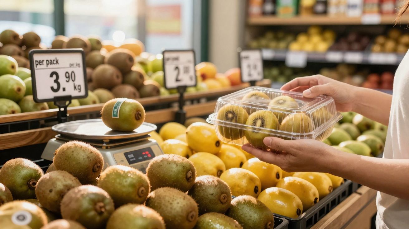 Pessoa segurando embalagem de kiwis sobre bancada cheia de frutas em mercado.