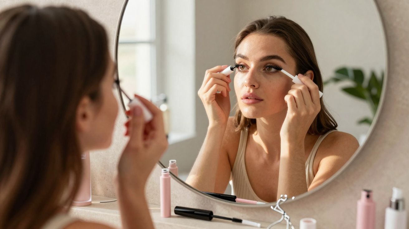 Mulher aplicando máscara de cílios em frente ao espelho no banheiro iluminado pela luz natural.