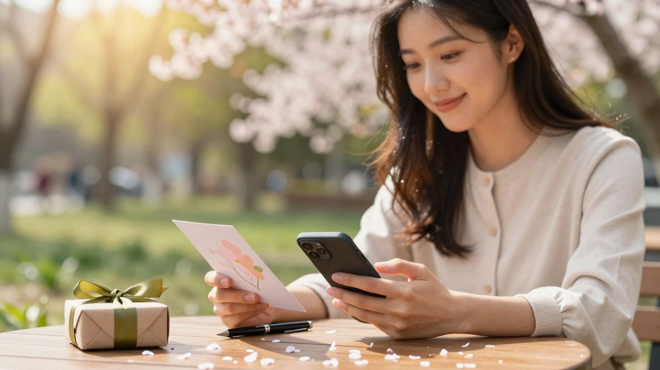 Mulher sentada em mesa ao ar livre com cartão, celular e presente, sorrindo suavemente.