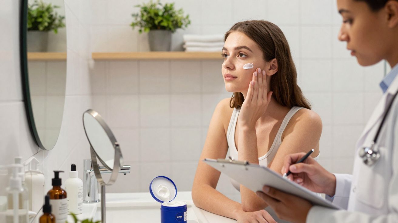 Mulher aplicando creme no rosto durante consulta com médica em ambiente clínico.