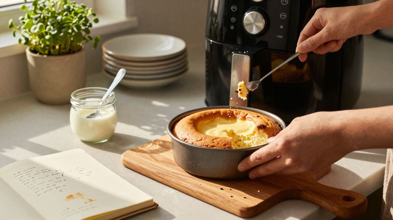 Mãos retirando pedaço de bolo assado em forma redonda, ao lado de liquidificador, caderno e pote com colher.