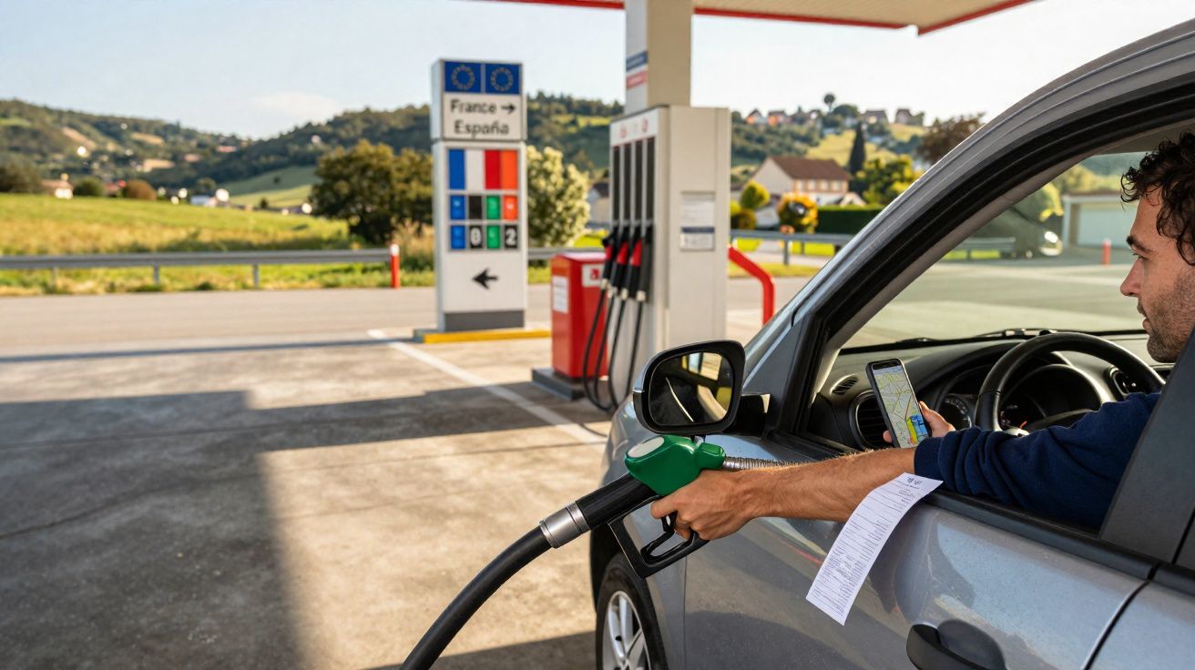 Homem abastecendo carro em posto na fronteira entre França e Espanha, consultando celular.
