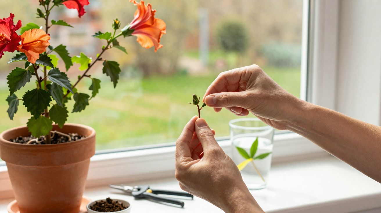 Mãos de pessoa cuidando de broto de planta próxima a vaso com flores laranja em janela iluminada.