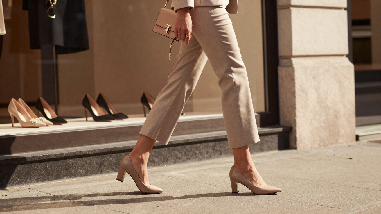 Pessoa caminhando com scarpin bege em calçada, ao lado de vitrine com sapatos femininos expostos.