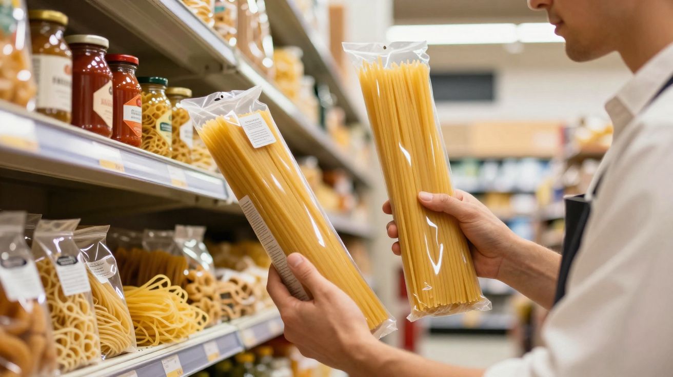 Pessoa segurando dois pacotes de macarrão espaguete em corredor de supermercado.