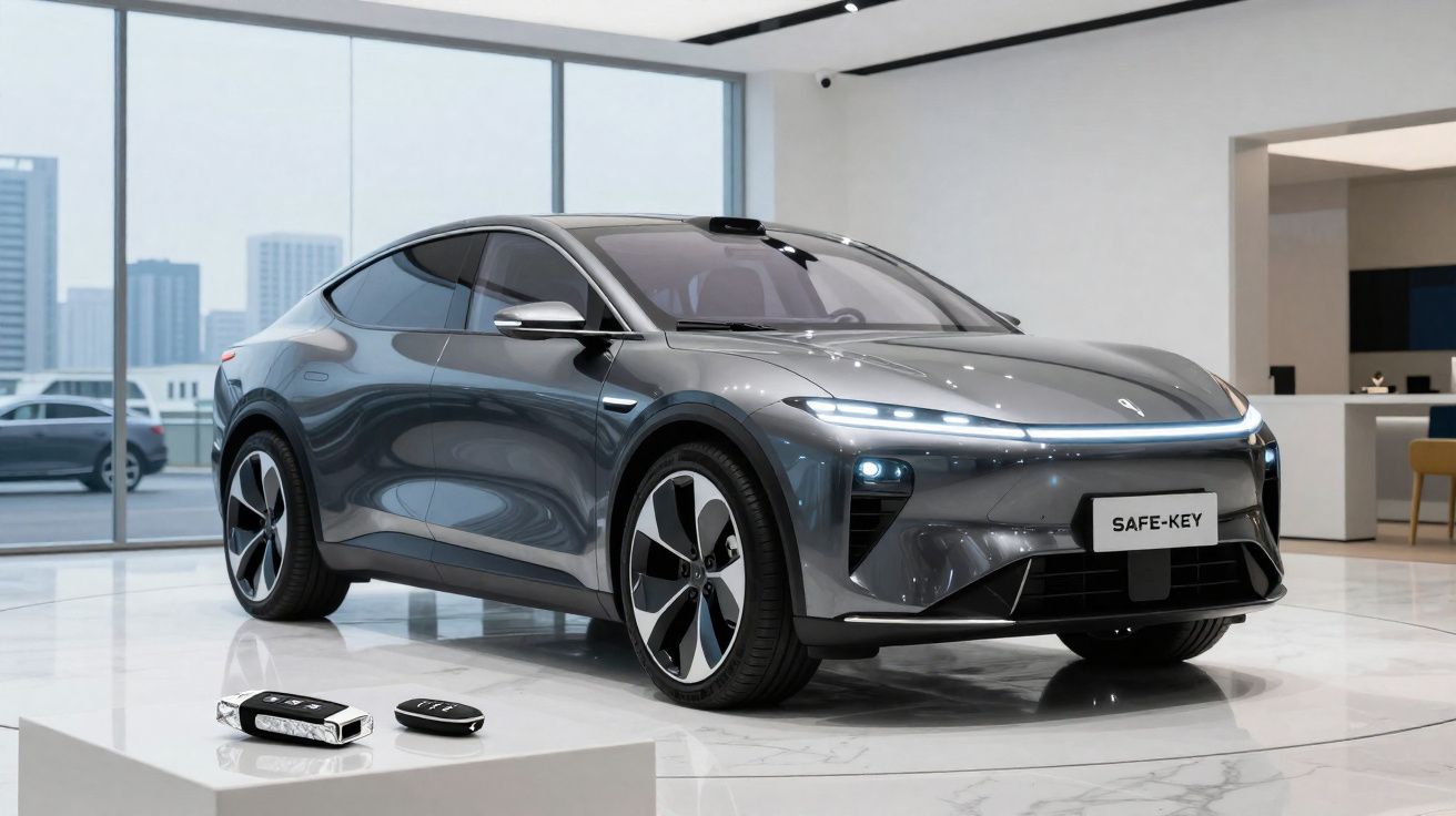 Carro elétrico cinza em showroom moderno com chaves eletrônicas em destaque na frente.