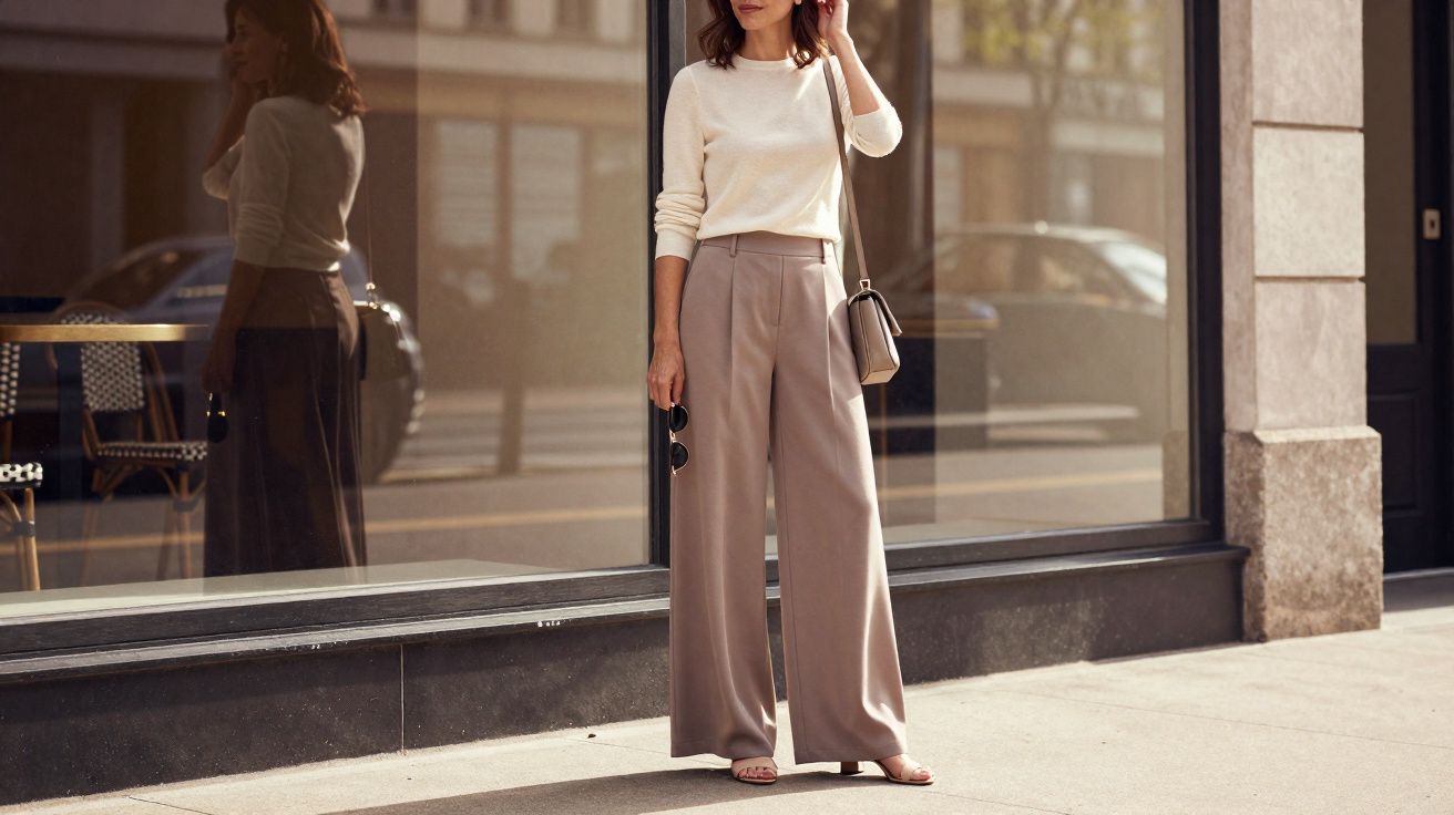 Mulher vestindo blusa branca e calça bege larga, segurando óculos e bolsa, posando em calçada urbana.