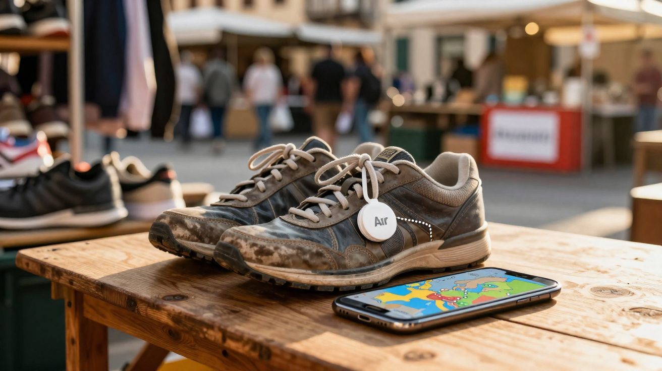 Tênis sujos em madeira com dispositivo eletrônico pendurado e celular com mapa aberto sobre a mesa.