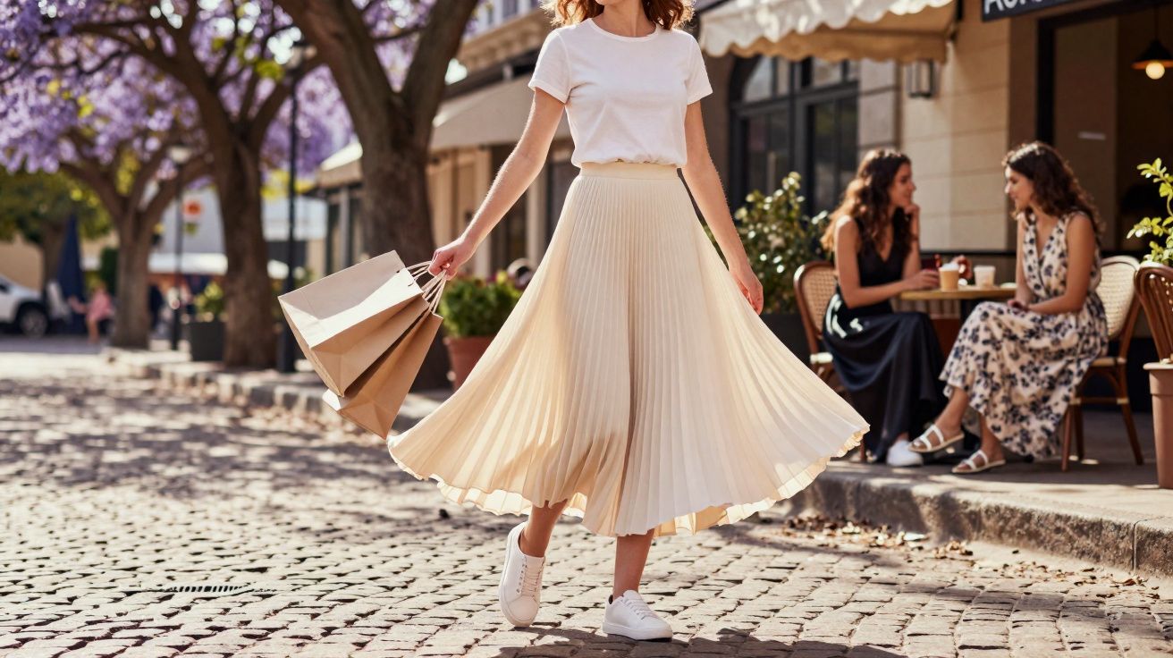 Mulher caminhando em rua de paralelepípedo com sacolas de compras em dia ensolarado, enquanto duas conversam em café.