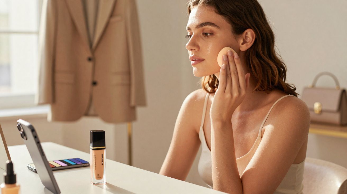 Mulher aplicando base no rosto usando esponja, olhando para espelho no celular em mesa com maquiagem.