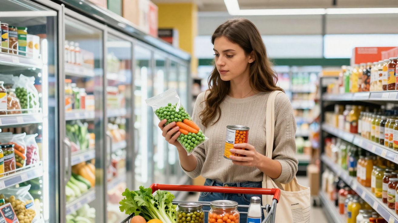 Mulher jovem compara embalagem de ervilhas e cenouras enlatadas no supermercado.