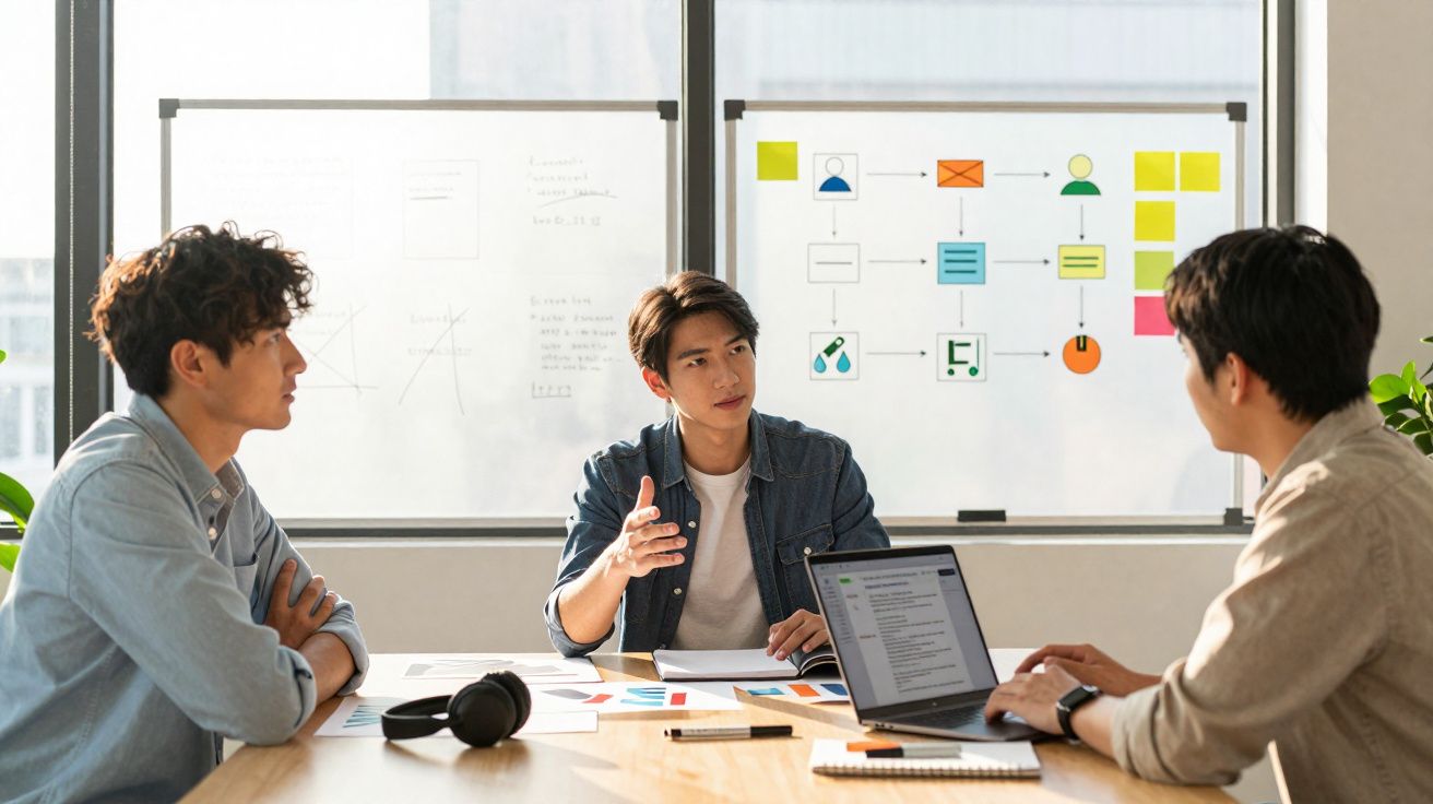 Três homens discutindo negócios em sala iluminada com quadro branco ao fundo e laptop na mesa.