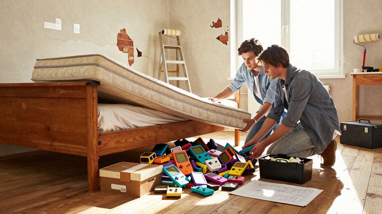 Dois homens levantam colchão de cama para revelar coleção de consoles portáteis antigos no chão.