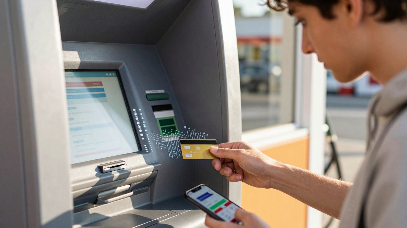 Pessoa inserindo cartão em caixa eletrônico enquanto segura smartphone na outra mão.