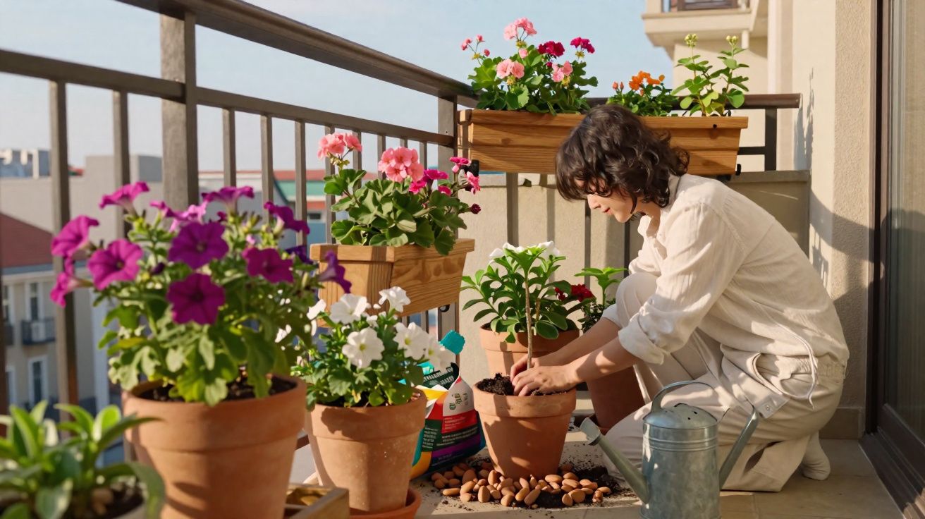 Pessoa cuidando de plantas em vasos no varal com flores coloridas ao sol.