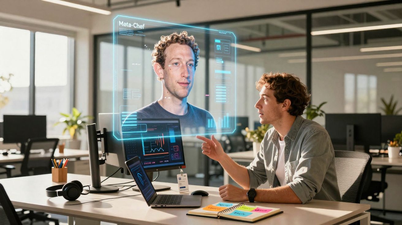 Homem em escritório interage com holograma de rosto digital e dados na tela do computador.