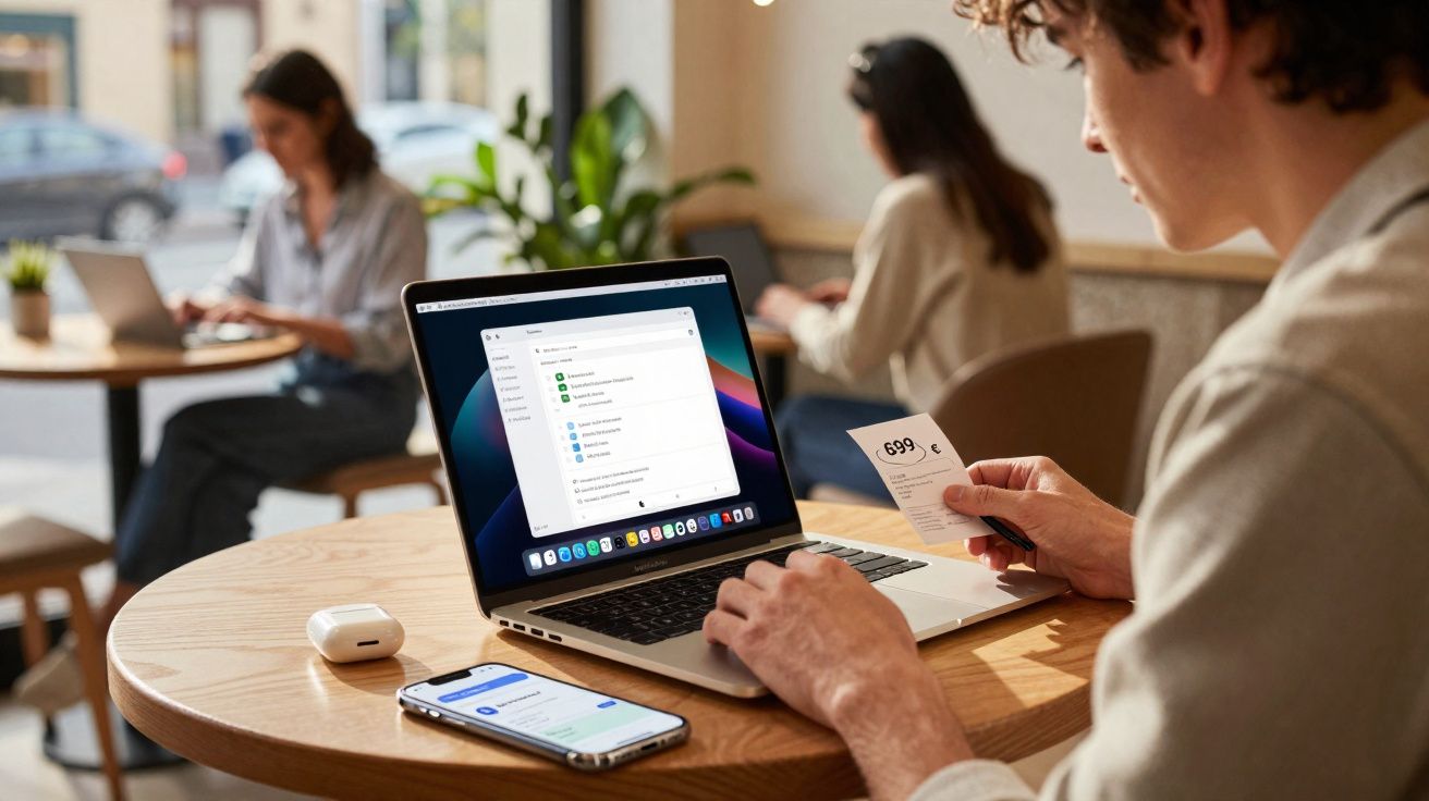 Pessoa conferindo conta de 699 euros em nota, com laptop e celular em mesa de cafeteria.