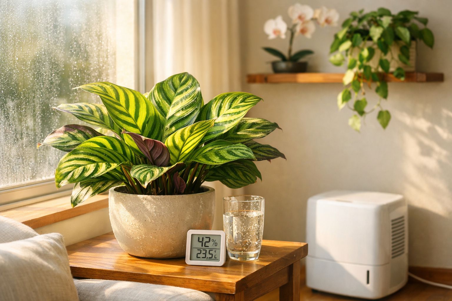 Planta em vaso sobre mesa com medidor de umidade e temperatura ao lado de copo d'água junto à janela.