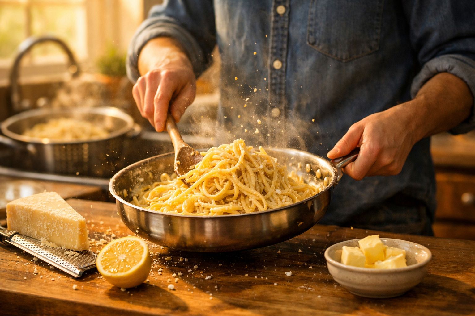 Pessoa mexendo massa de espaguete em frigideira com limão, queijo ralado e manteiga sobre mesa de madeira.