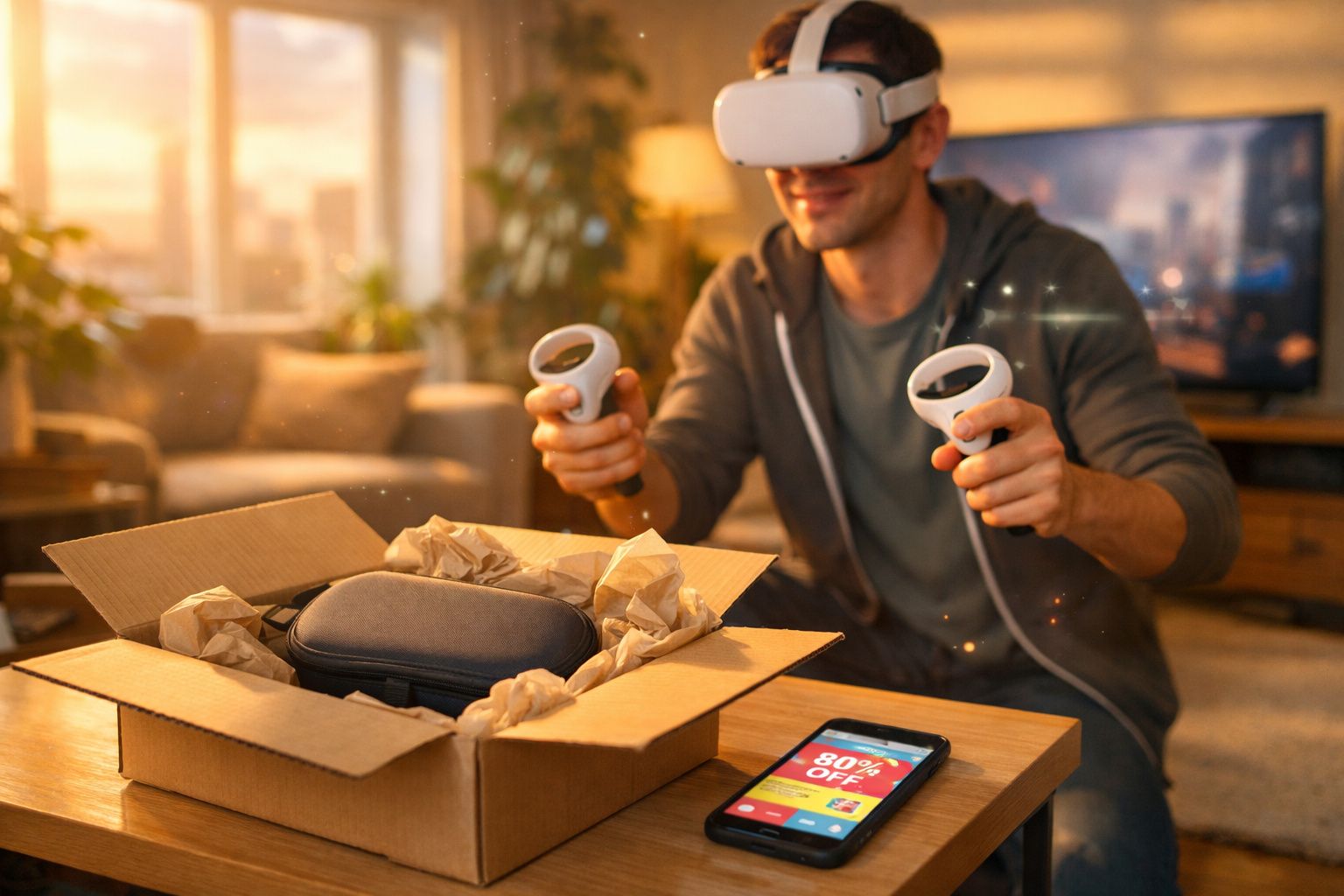 Homem usando óculos de realidade virtual e controles, com caixa e celular mostrando desconto na mesa.