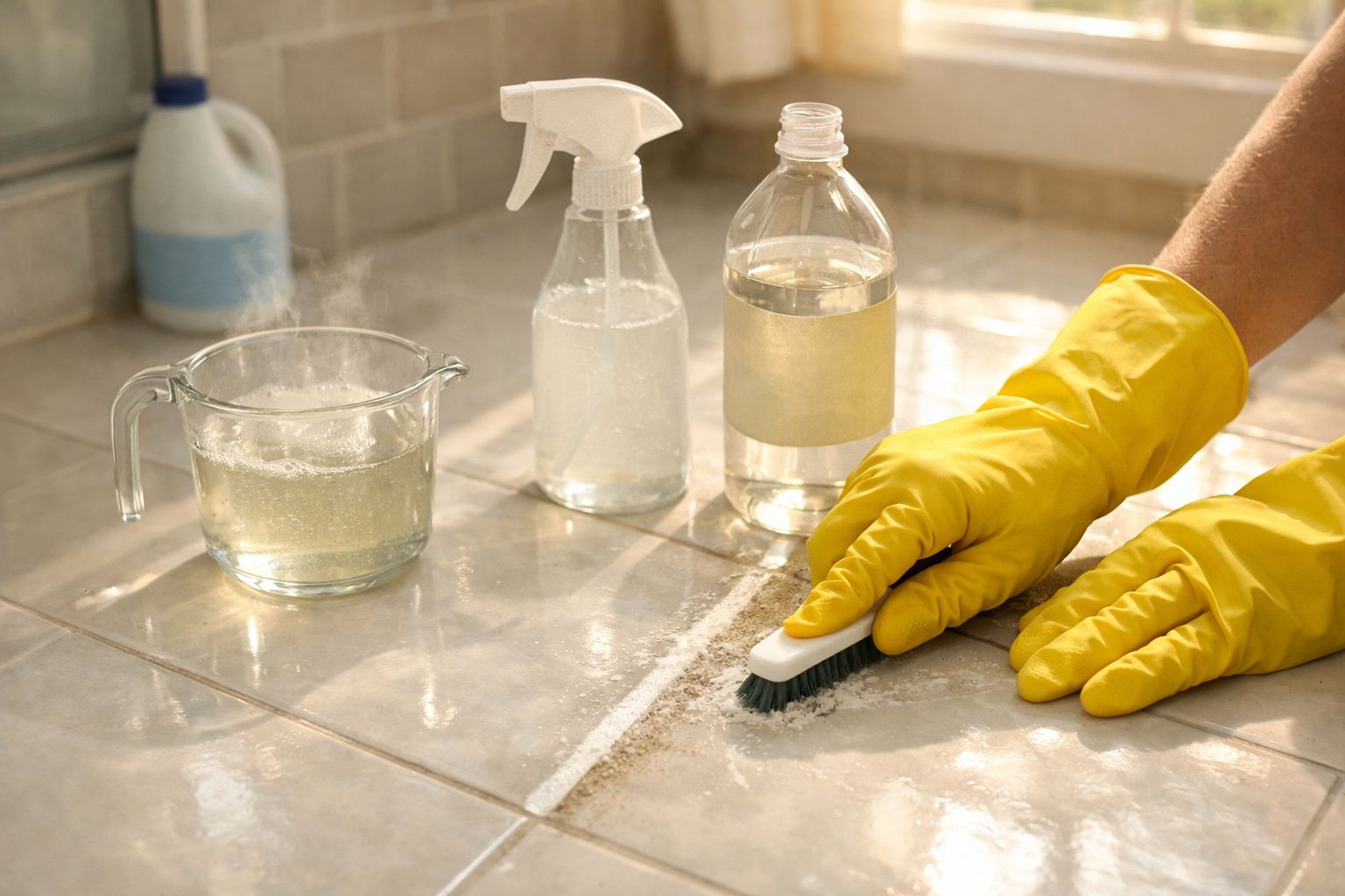 Mãos com luvas amarelas esfregando piso com escova e produtos de limpeza em frascos sobre chão.