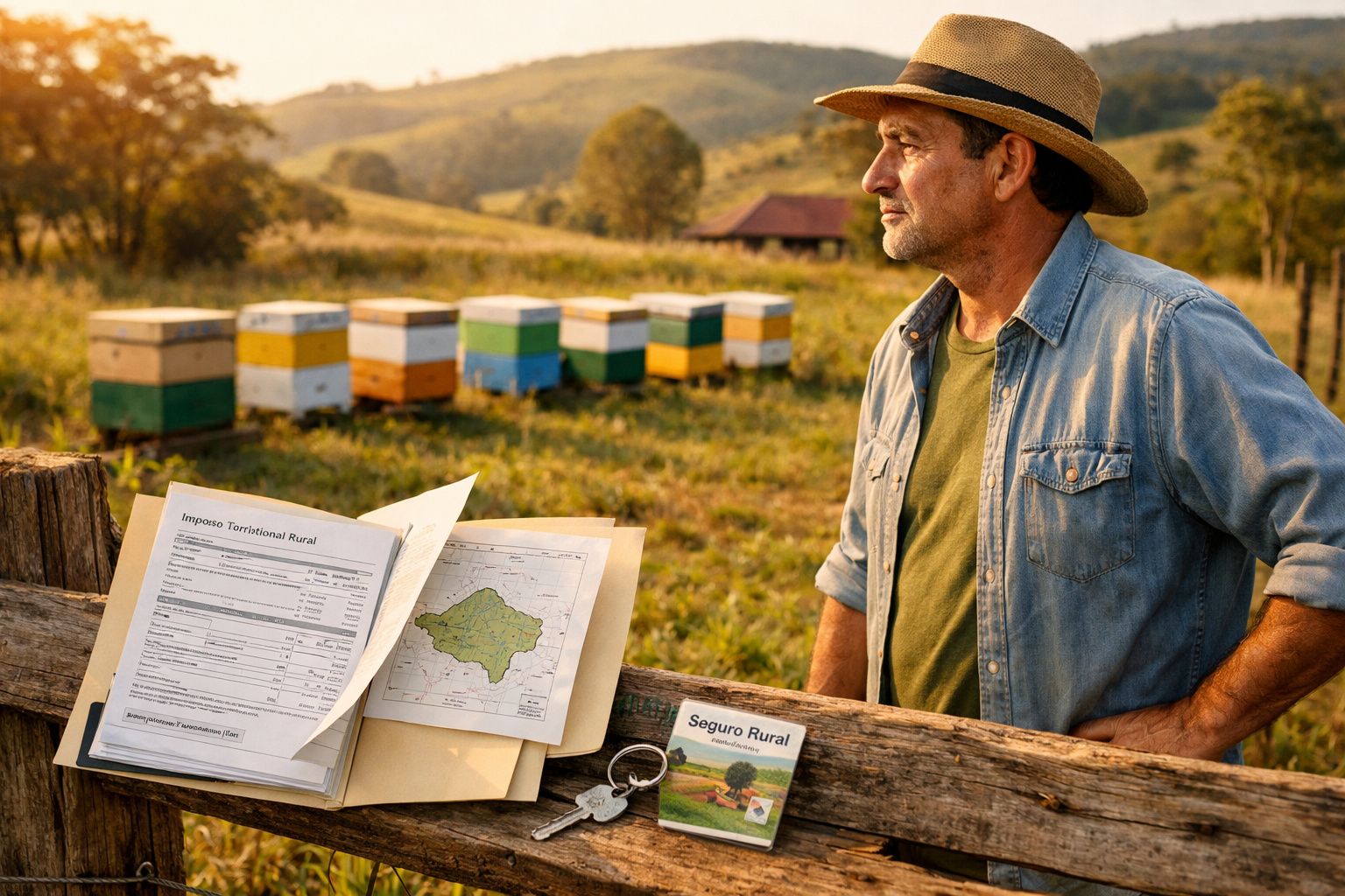 Homem com chapéu observa apiário ao pôr do sol em área rural, com documentos e chaves sobre cerca de madeira.