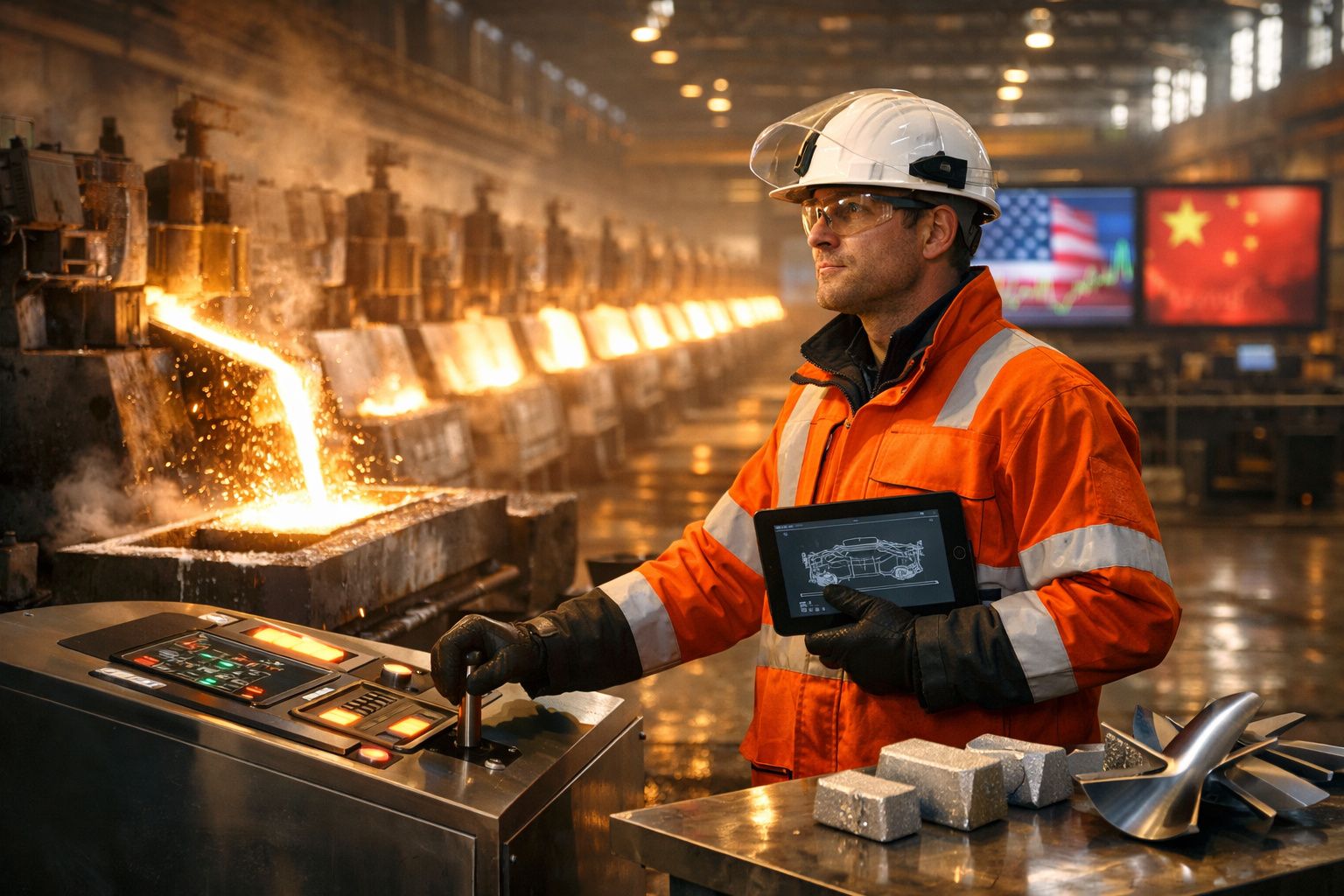 Homem com capacete e colete laranja controla máquina em fundição de metal com metal líquido escorrendo.