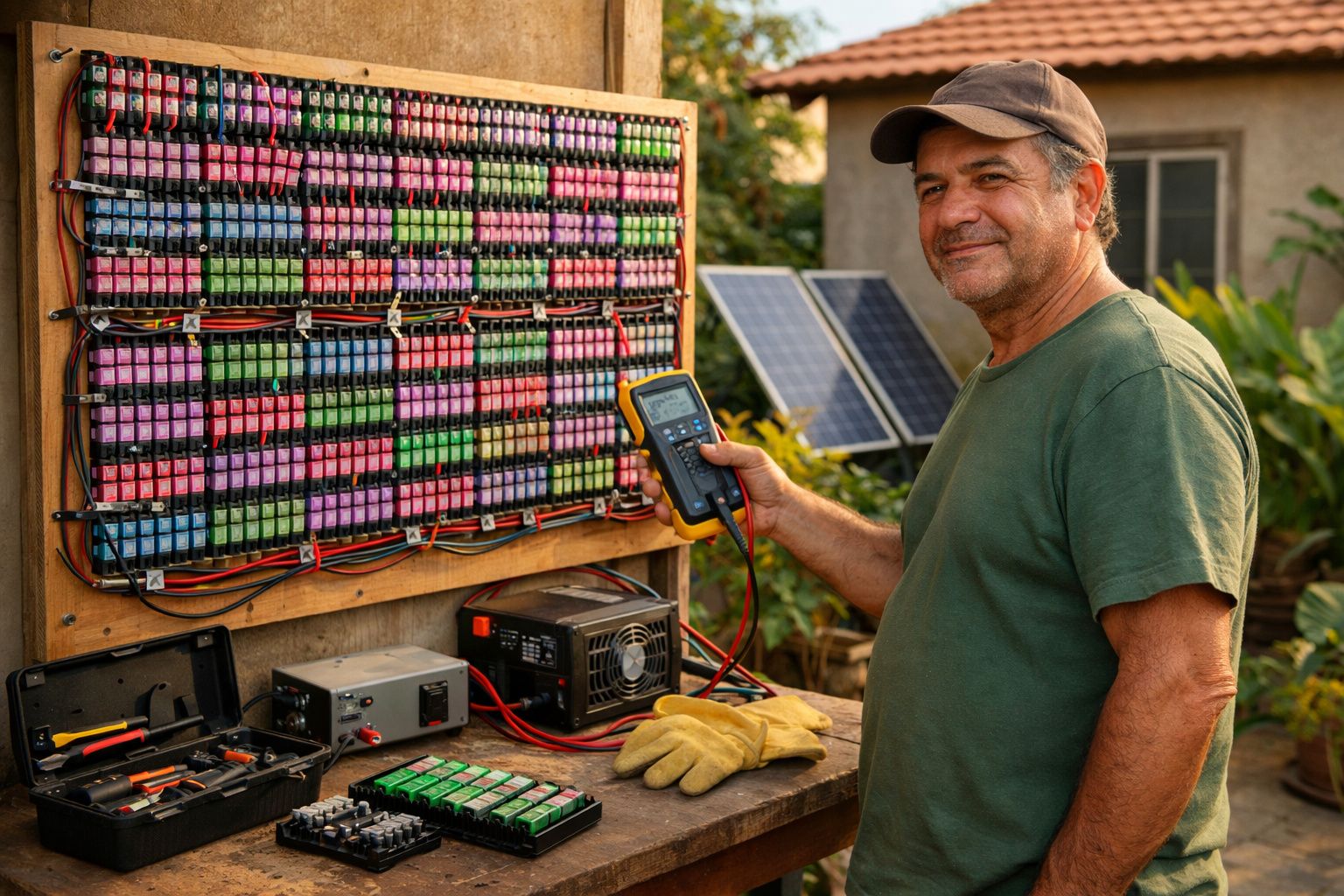 Homem sorridente testa equipamento com multímetro em painel elétrico colorido ao ar livre.