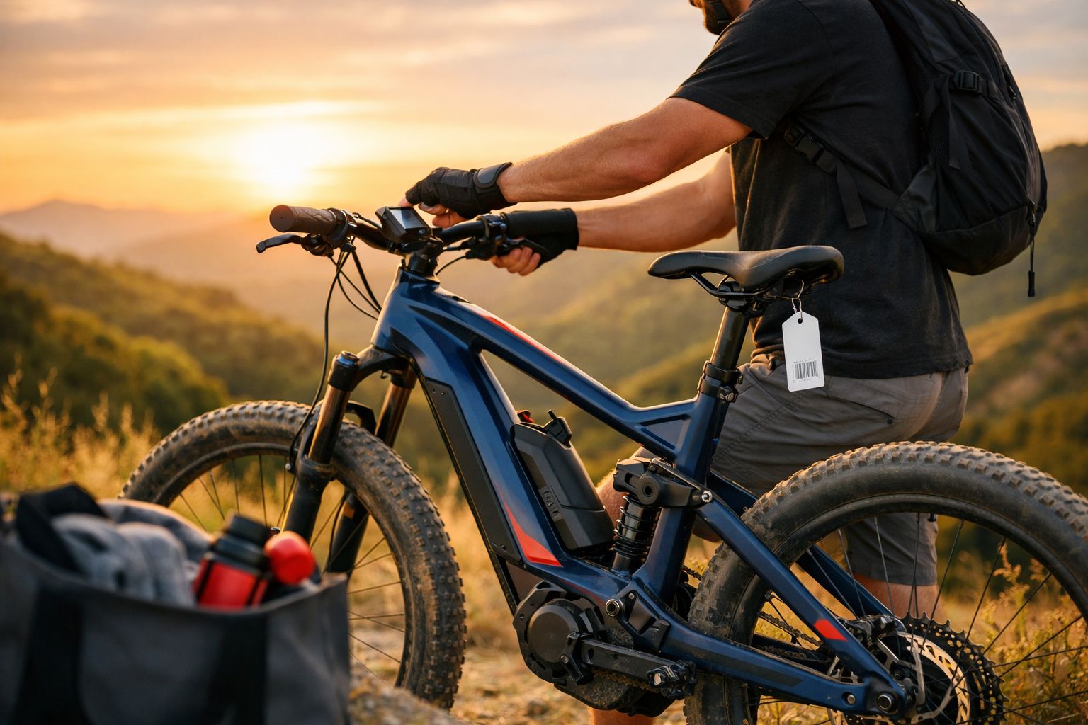 Homem com mochila em bicicleta elétrica azul durante pôr do sol em trilha de montanha.