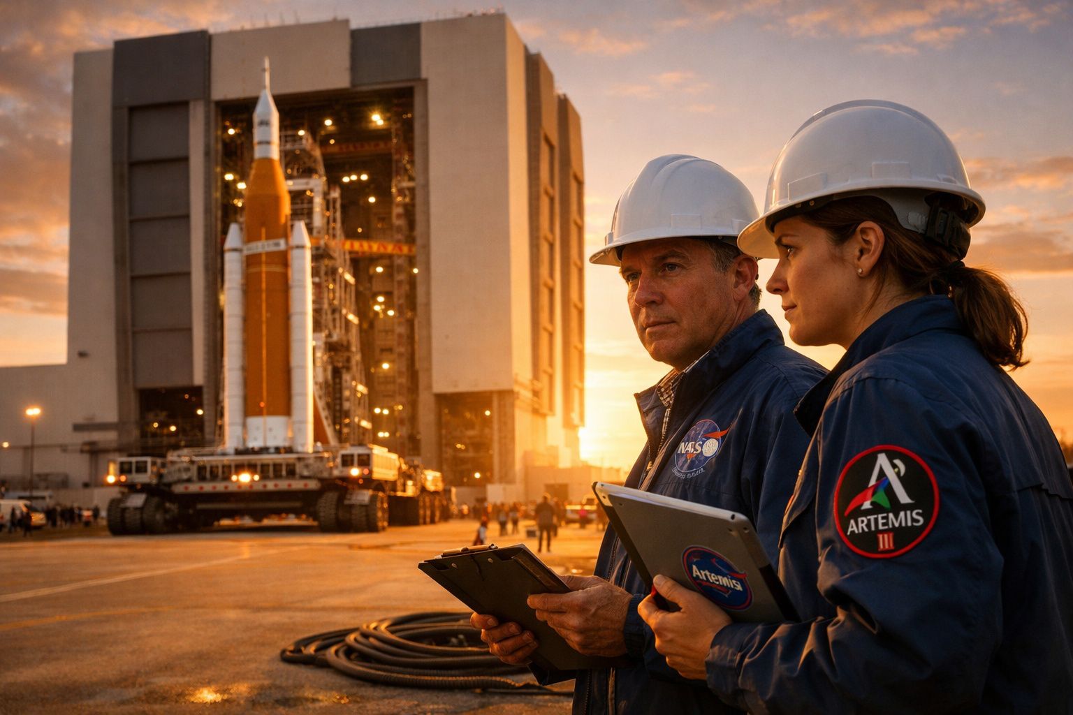 Dois engenheiros da NASA com capacetes e tablets observam um foguete Artemis III ao pôr do sol.