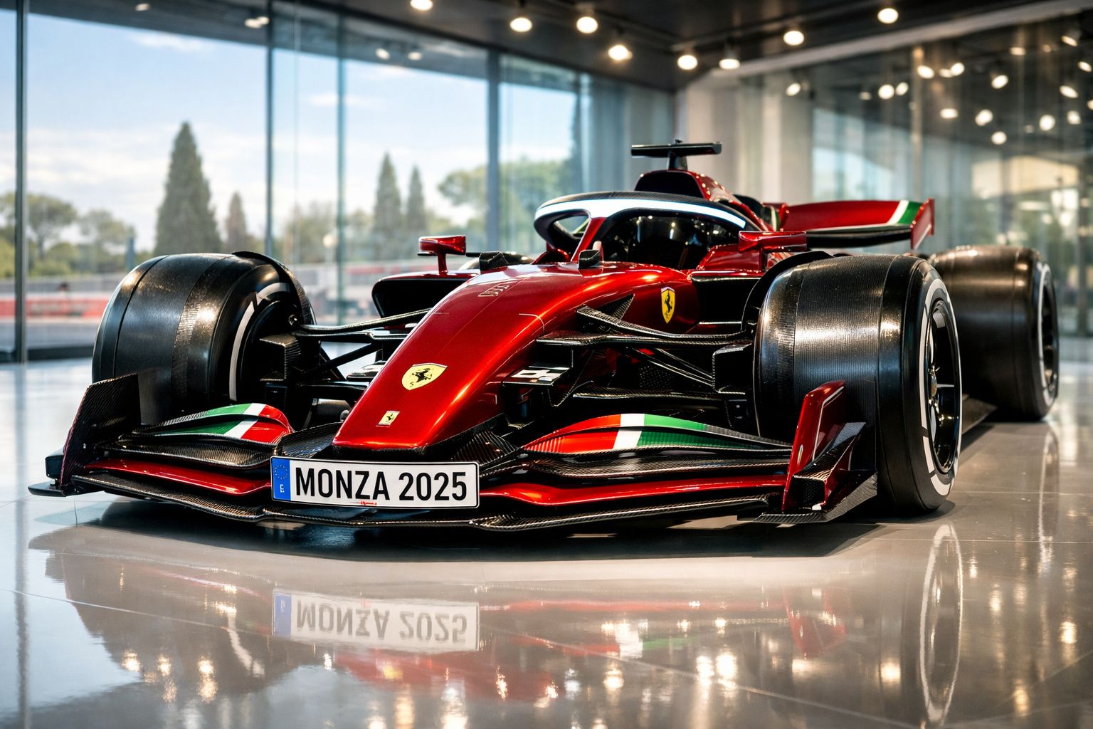 Carro de Fórmula 1 vermelho Ferrari com detalhes da bandeira italiana e placa Monza 2025 em exposição.