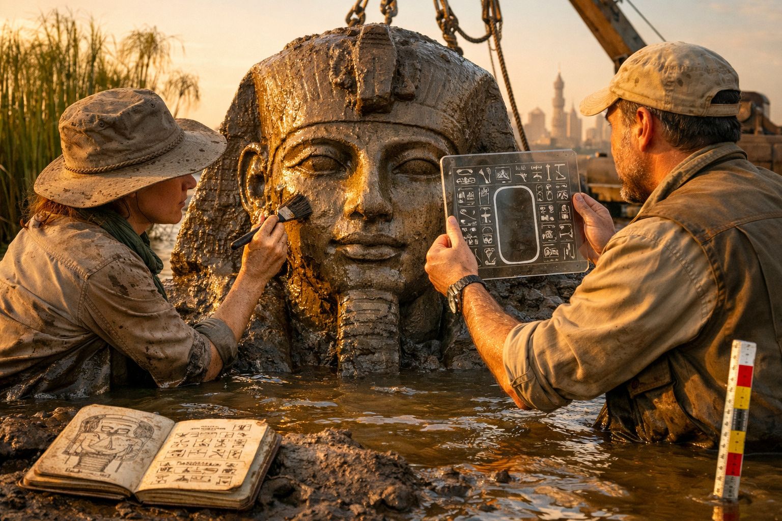 Dois arqueólogos analisam e limpam uma escultura de rosto faraônico submersa em lama.